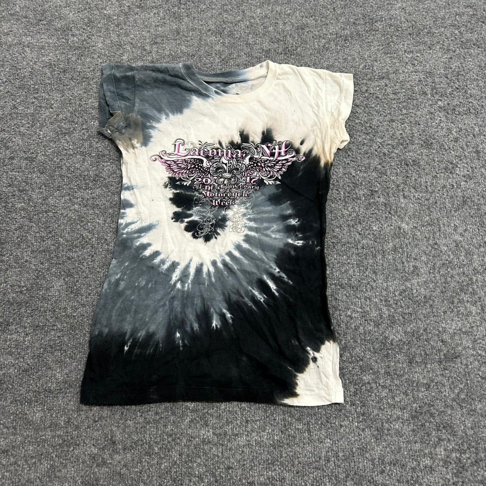 Laconia NH T-Shirt Womens Size S Black White Tie Dye 2017 Motorcycle Week Biker